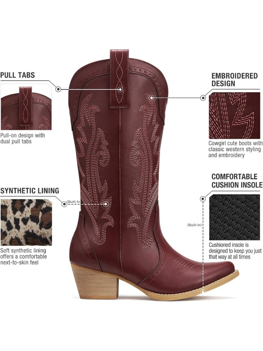 Women's Red Embroidery Pointed Toe Cowgirl Mid Calf Comfortable Western Boots - Picture 5 of 6